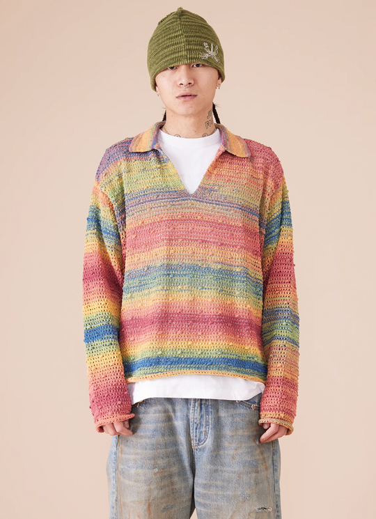 EVILKNIGHT(EK) Rainbow Dyeing Drum Wave Knit Sweater