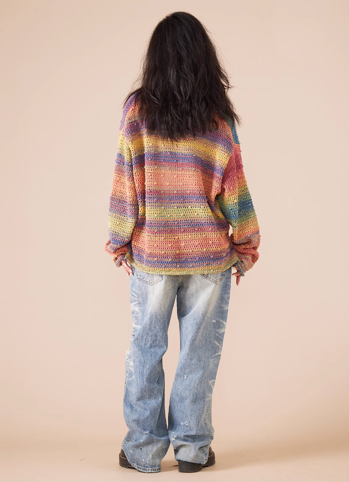 EVILKNIGHT(EK) Rainbow Dyeing Drum Wave Knit Sweater