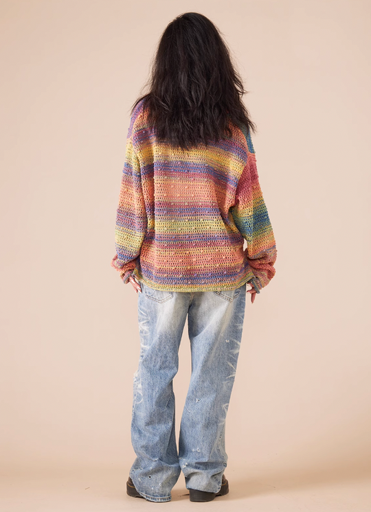 EVILKNIGHT(EK) Rainbow Dyeing Drum Wave Knit Sweater
