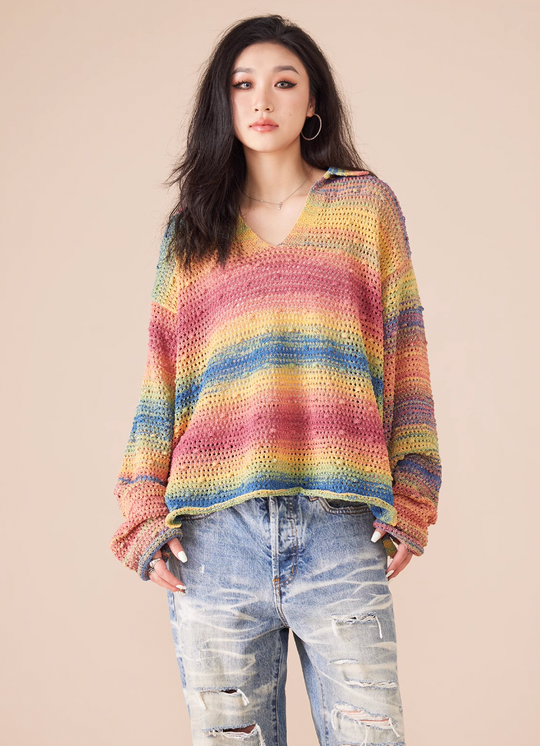 EVILKNIGHT(EK) Rainbow Dyeing Drum Wave Knit Sweater