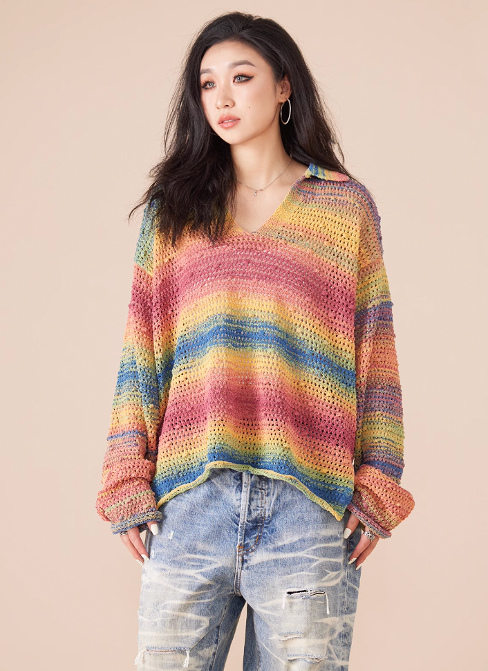 EVILKNIGHT(EK) Rainbow Dyeing Drum Wave Knit Sweater