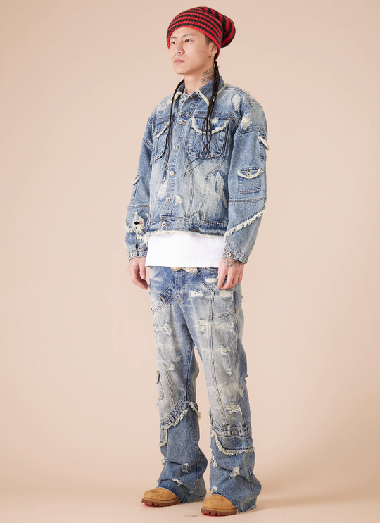 EVILKNIGHT(EK) Washed Heavy Embroidery Destroyed Patchwork Denim Jacket