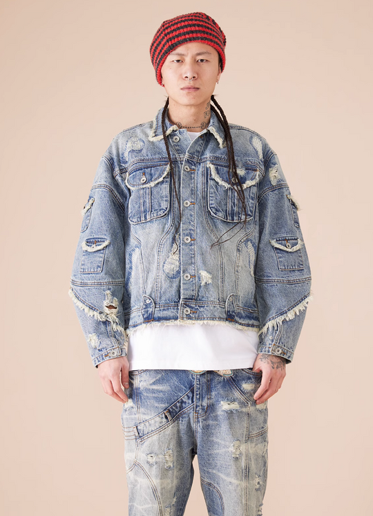 EVILKNIGHT(EK) Washed Heavy Embroidery Destroyed Patchwork Denim Jacket