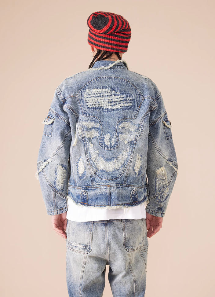 EVILKNIGHT(EK) Washed Heavy Embroidery Destroyed Patchwork Denim Jacket