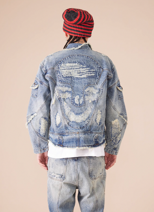 EVILKNIGHT(EK) Washed Heavy Embroidery Destroyed Patchwork Denim Jacket
