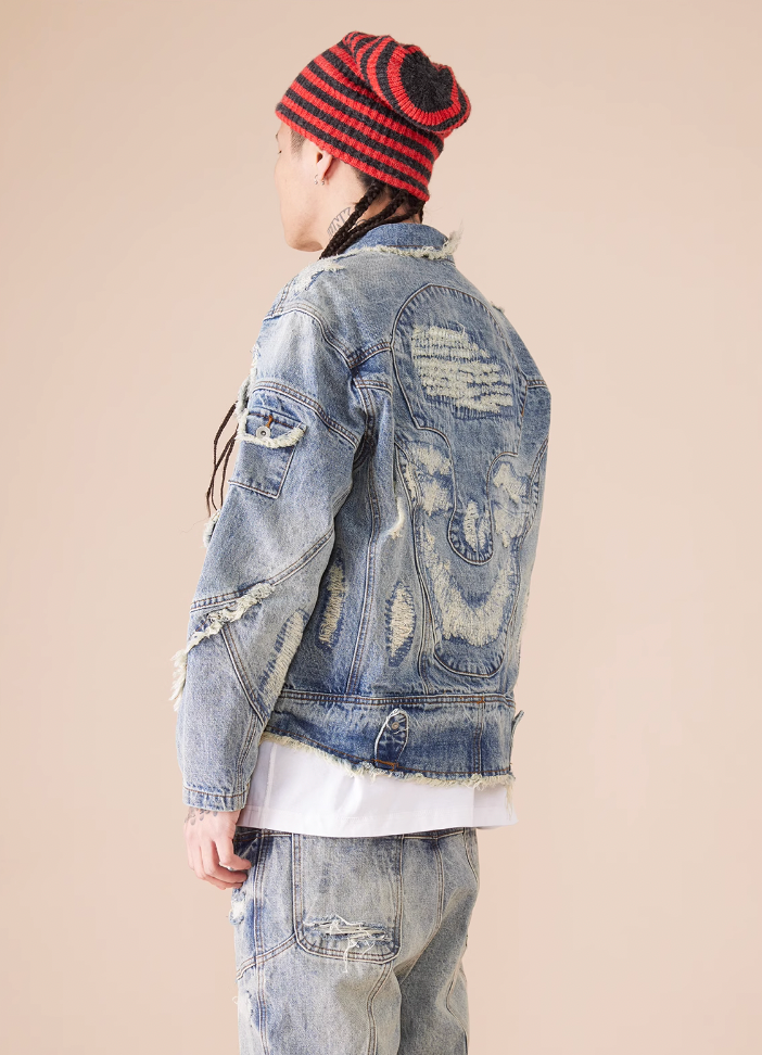 EVILKNIGHT(EK) Washed Heavy Embroidery Destroyed Patchwork Denim Jacket