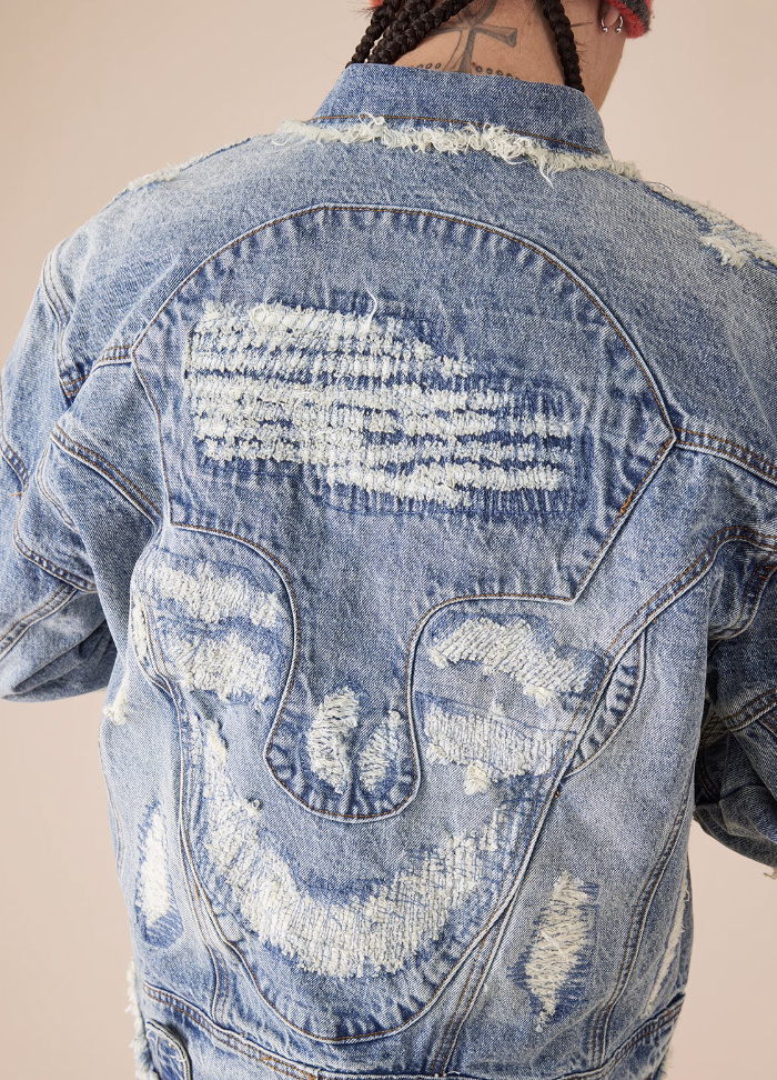 EVILKNIGHT(EK) Washed Heavy Embroidery Destroyed Patchwork Denim Jacket