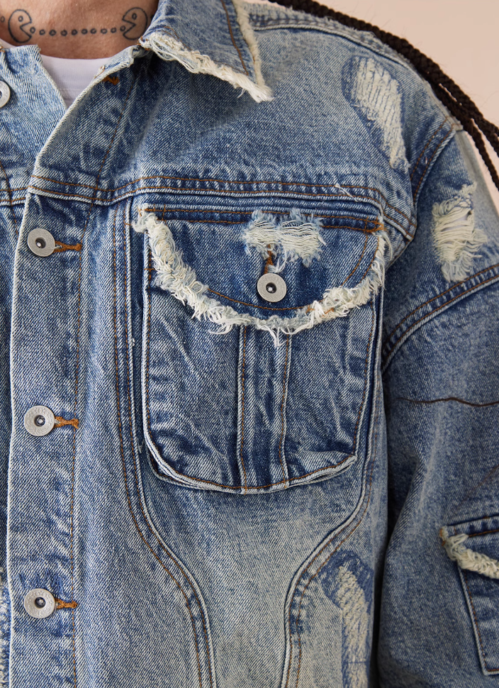 EVILKNIGHT(EK) Washed Heavy Embroidery Destroyed Patchwork Denim Jacket