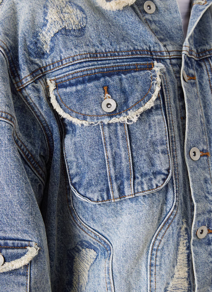 EVILKNIGHT(EK) Washed Heavy Embroidery Destroyed Patchwork Denim Jacket