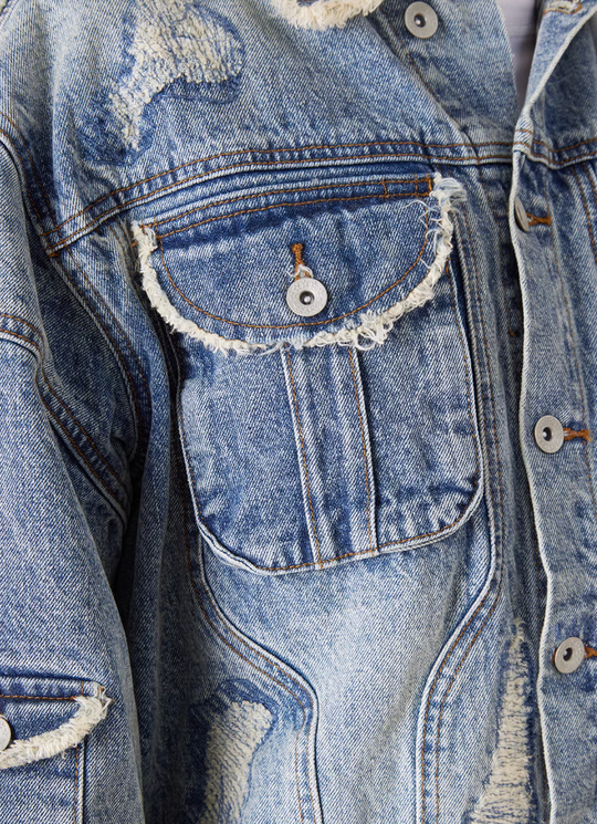 EVILKNIGHT(EK) Washed Heavy Embroidery Destroyed Patchwork Denim Jacket