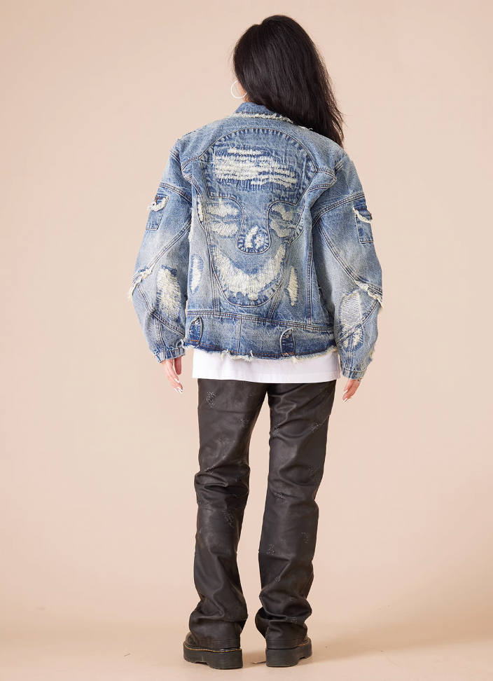 EVILKNIGHT(EK) Washed Heavy Embroidery Destroyed Patchwork Denim Jacket
