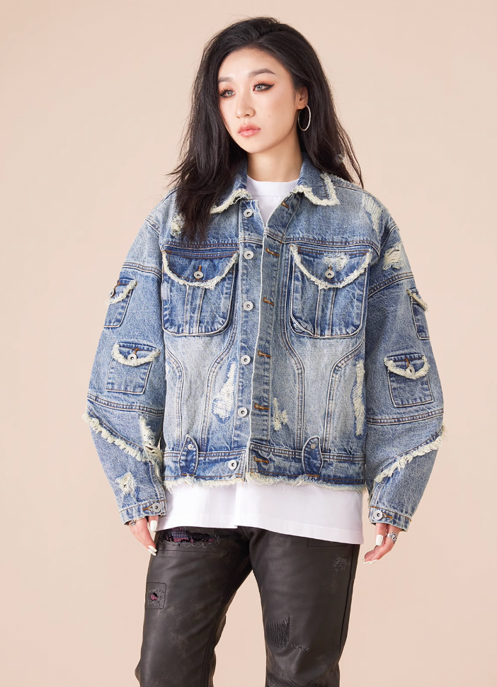 EVILKNIGHT(EK) Washed Heavy Embroidery Destroyed Patchwork Denim Jacket