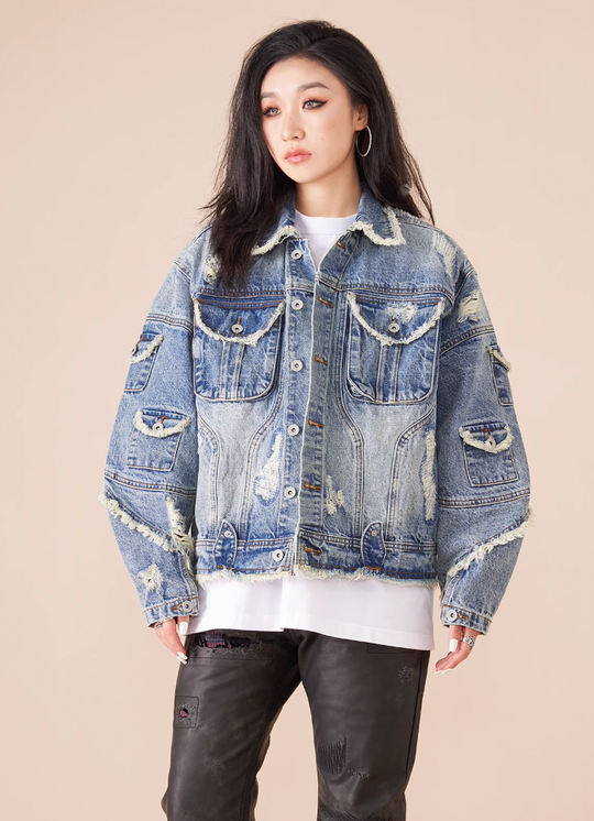 EVILKNIGHT(EK) Washed Heavy Embroidery Destroyed Patchwork Denim Jacket