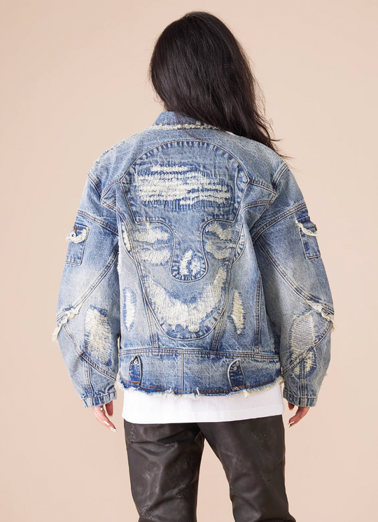 EVILKNIGHT(EK) Washed Heavy Embroidery Destroyed Patchwork Denim Jacket