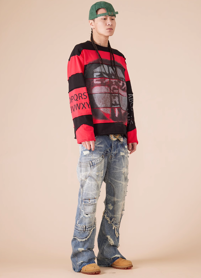 EVILKNIGHT(EK) Stripe Irregular Cross Logo Fake Two Piece Tee