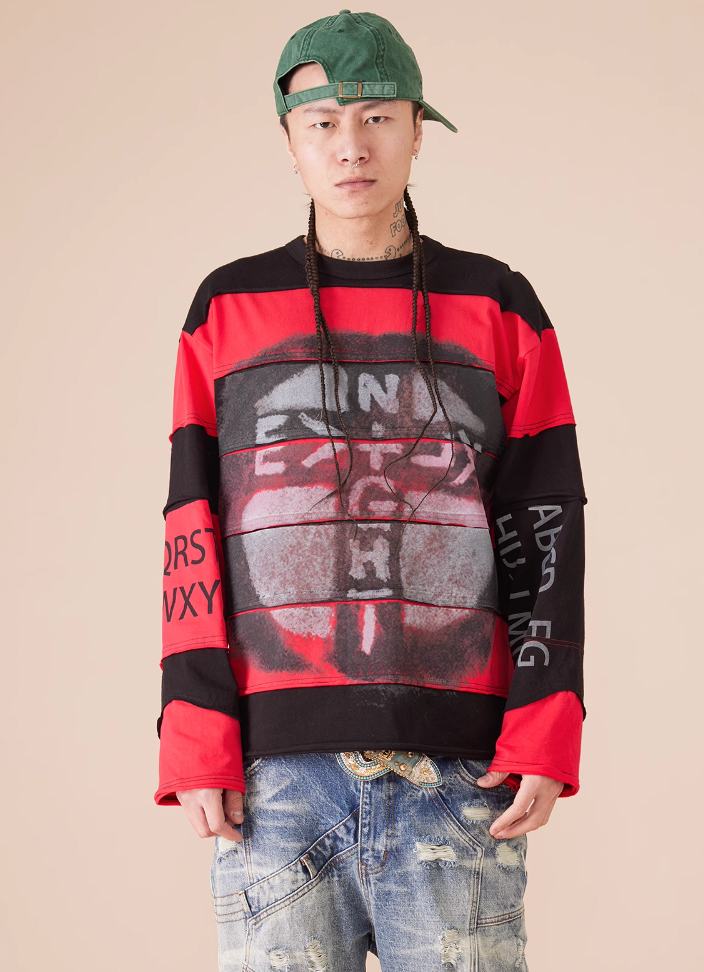 EVILKNIGHT(EK) Stripe Irregular Cross Logo Fake Two Piece Tee
