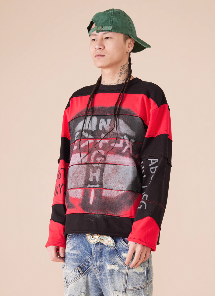 EVILKNIGHT(EK) Stripe Irregular Cross Logo Fake Two Piece Tee