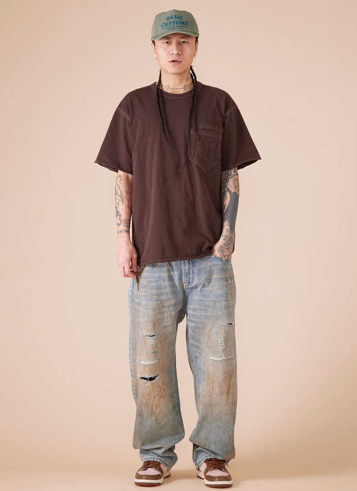 EVILKNIGHT(EK) Customized Rivets Dirty Wash Holes Denim Jeans