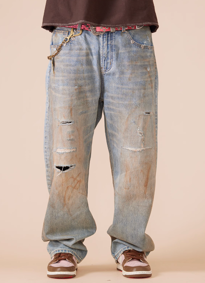 EVILKNIGHT(EK) Customized Rivets Dirty Wash Holes Denim Jeans