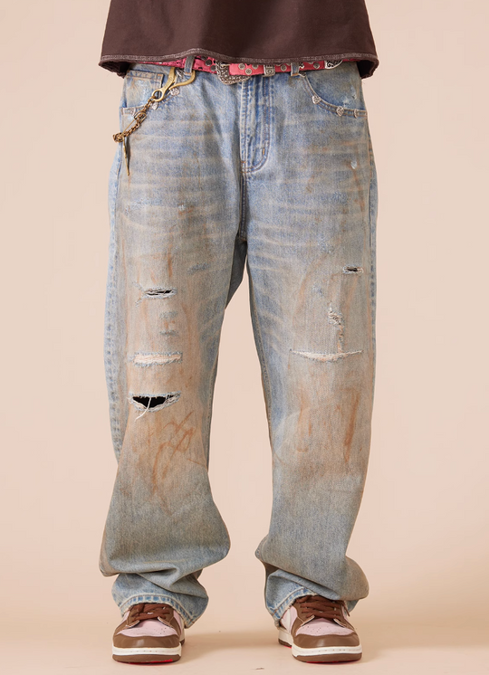 EVILKNIGHT(EK) Customized Rivets Dirty Wash Holes Denim Jeans