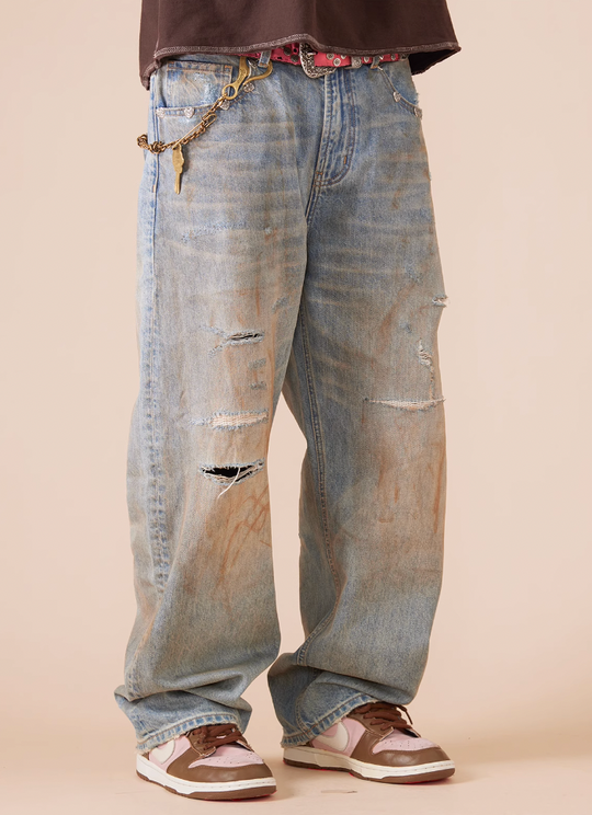 EVILKNIGHT(EK) Customized Rivets Dirty Wash Holes Denim Jeans