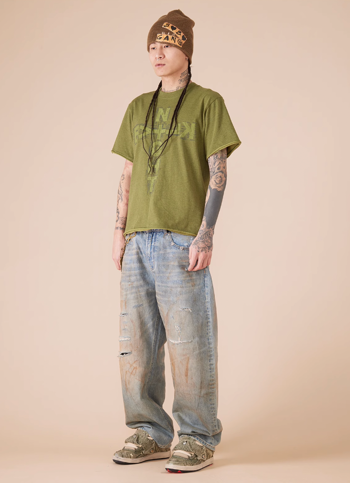 EVILKNIGHT(EK) Customized Rivets Dirty Wash Holes Denim Jeans