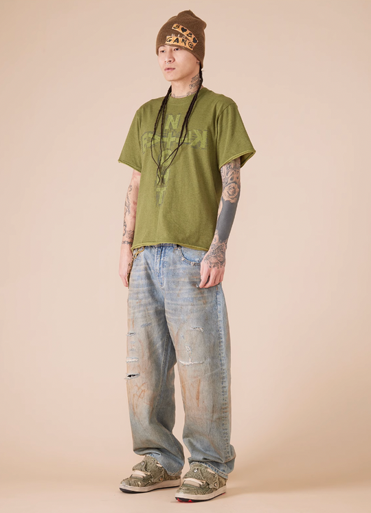 EVILKNIGHT(EK) Customized Rivets Dirty Wash Holes Denim Jeans