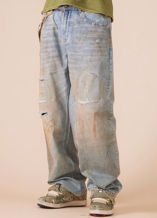 EVILKNIGHT(EK) Customized Rivets Dirty Wash Holes Denim Jeans