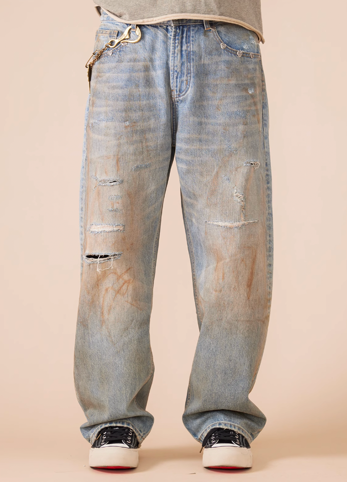 EVILKNIGHT(EK) Customized Rivets Dirty Wash Holes Denim Jeans