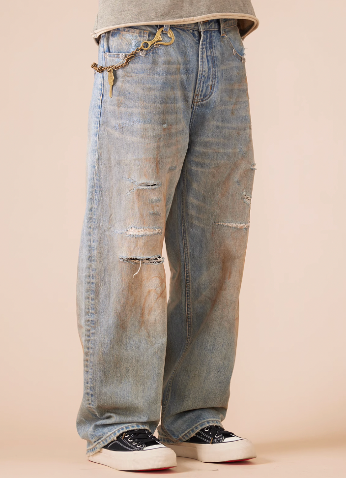 EVILKNIGHT(EK) Customized Rivets Dirty Wash Holes Denim Jeans