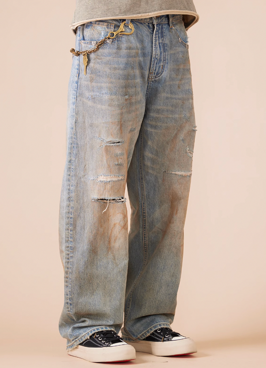 EVILKNIGHT(EK) Customized Rivets Dirty Wash Holes Denim Jeans