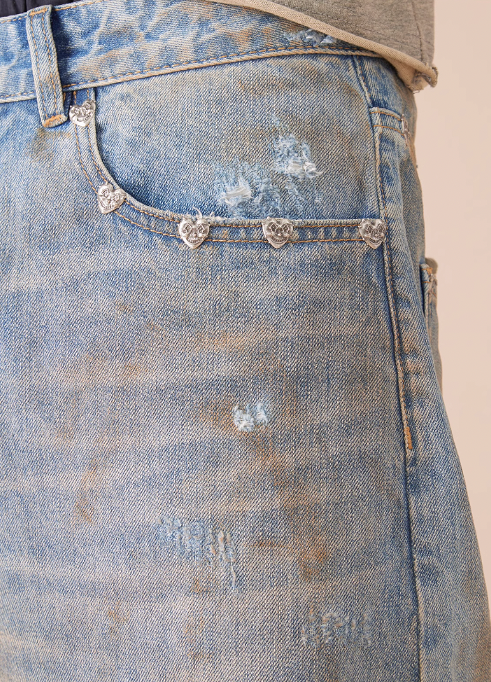 EVILKNIGHT(EK) Customized Rivets Dirty Wash Holes Denim Jeans