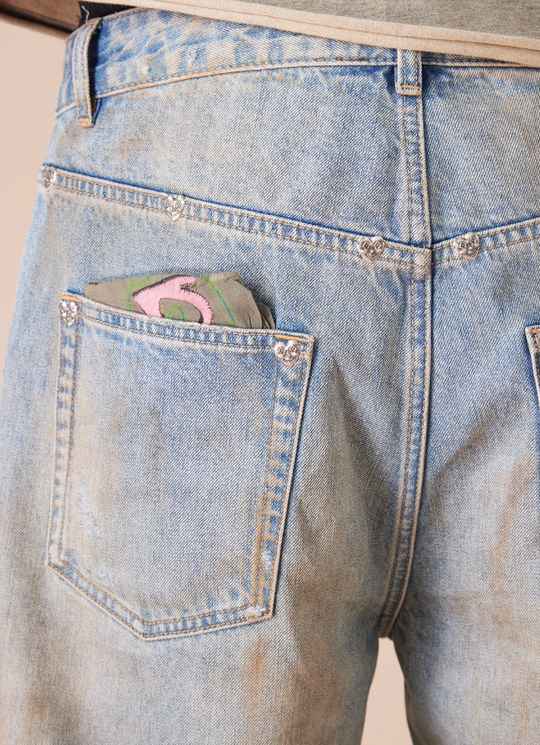 EVILKNIGHT(EK) Customized Rivets Dirty Wash Holes Denim Jeans