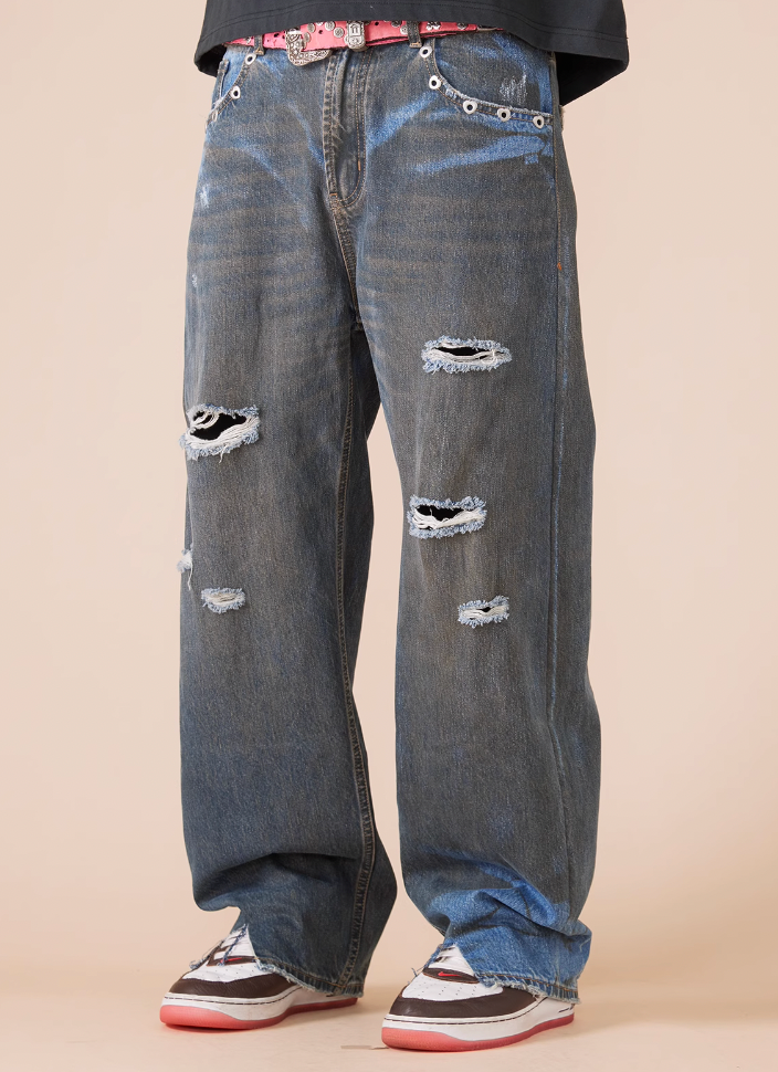 EVILKNIGHT(EK) Customized Peach Heart Dirty Wash Denim Jeans