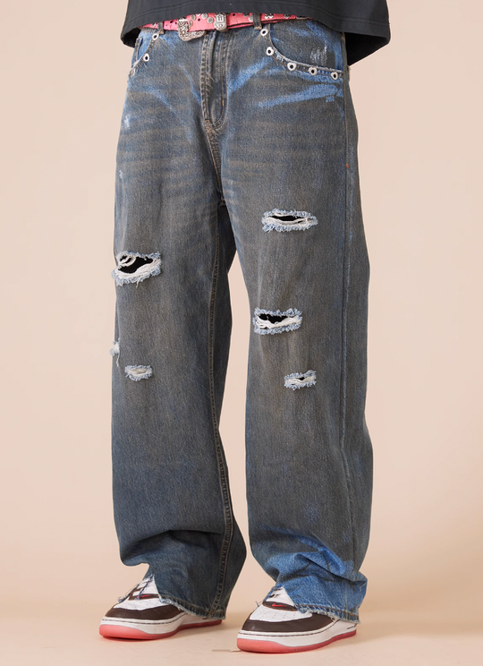 EVILKNIGHT(EK) Customized Peach Heart Dirty Wash Denim Jeans