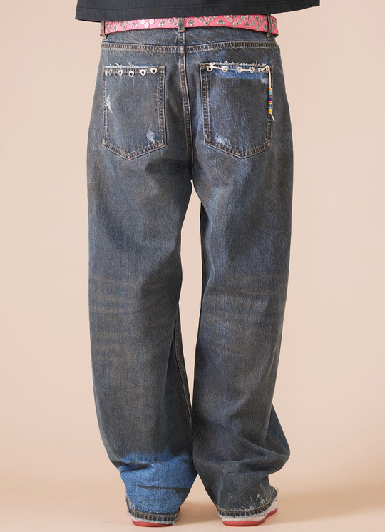 EVILKNIGHT(EK) Customized Peach Heart Dirty Wash Denim Jeans