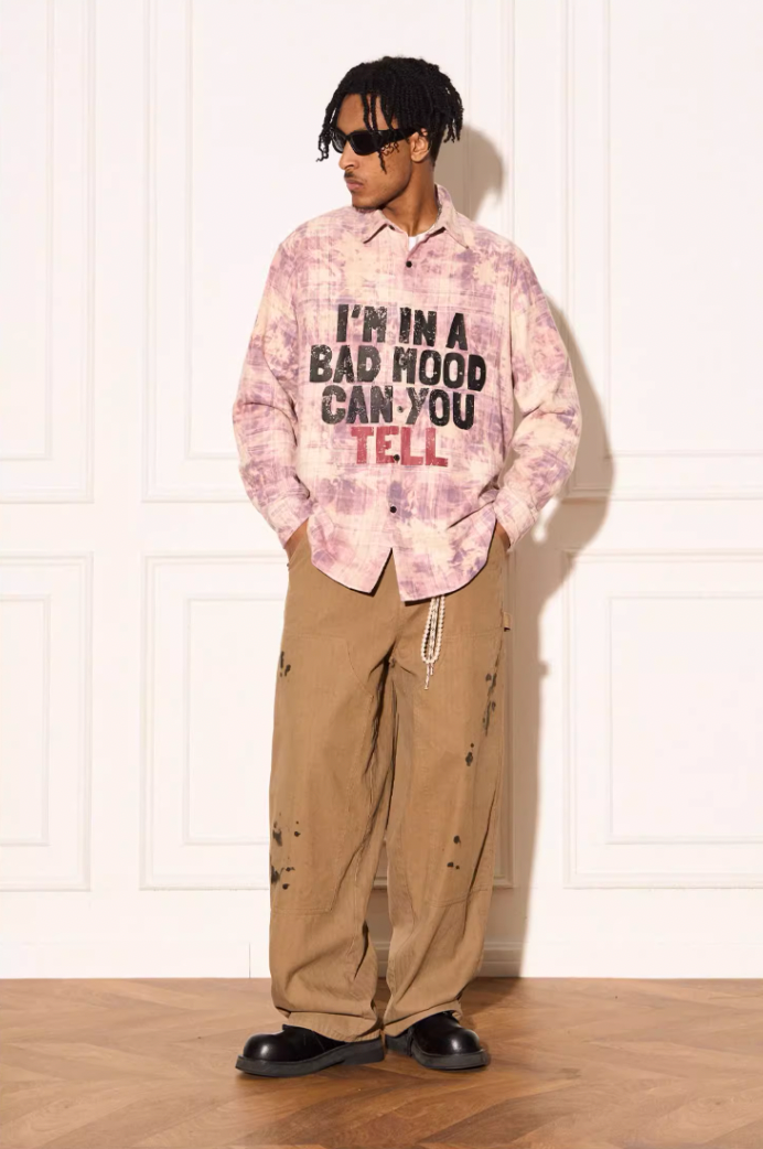 EMPTY REFERENCE Mottled Text Print Plaid Long Sleeve Shirt