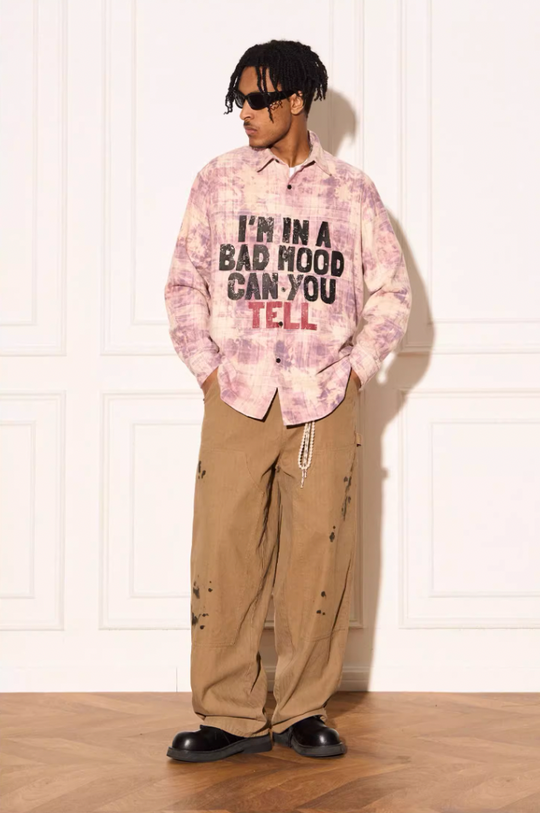 EMPTY REFERENCE Mottled Text Print Plaid Long Sleeve Shirt