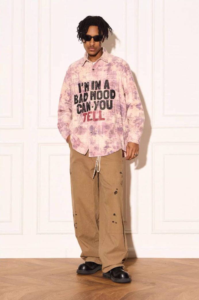 EMPTY REFERENCE Mottled Text Print Plaid Long Sleeve Shirt