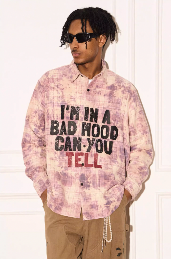 EMPTY REFERENCE Mottled Text Print Plaid Long Sleeve Shirt