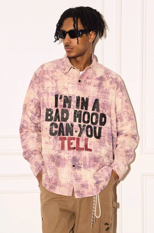 EMPTY REFERENCE Mottled Text Print Plaid Long Sleeve Shirt