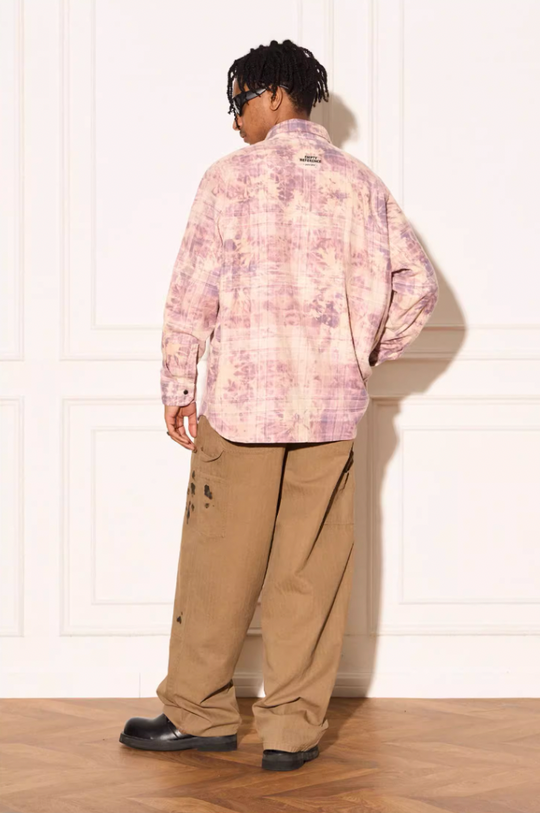 EMPTY REFERENCE Mottled Text Print Plaid Long Sleeve Shirt