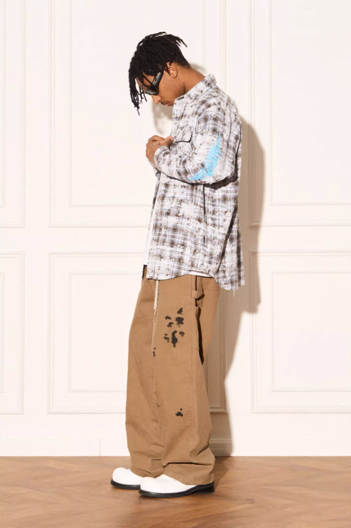 EMPTY REFERENCE Mottled Flame Printed Old Plaid Long Sleeve Shirt