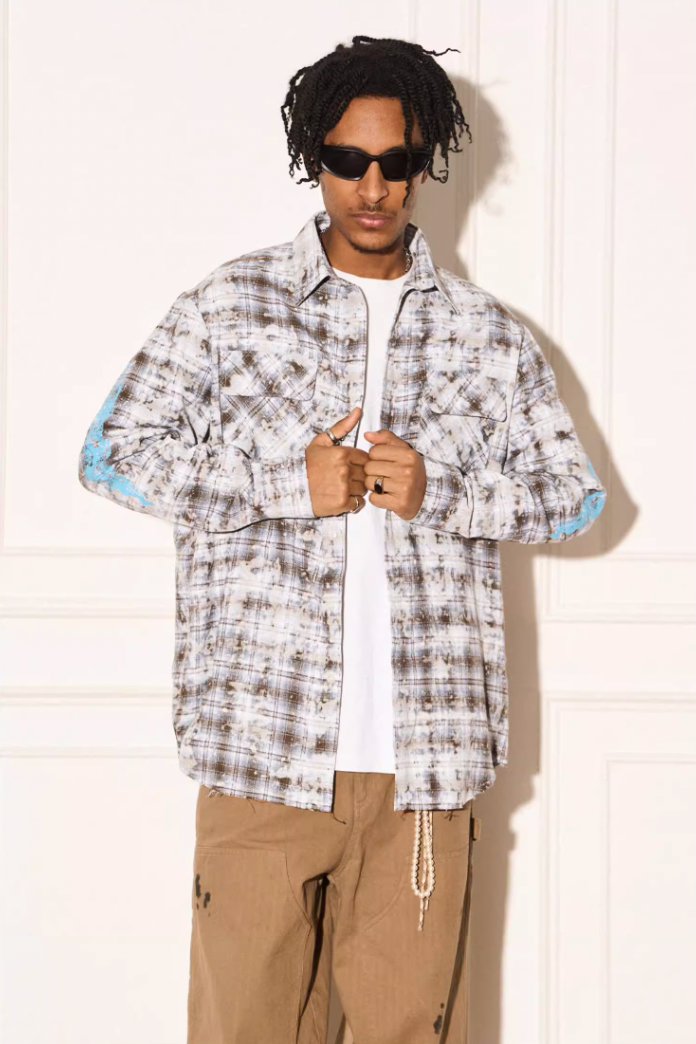 EMPTY REFERENCE Mottled Flame Printed Old Plaid Long Sleeve Shirt