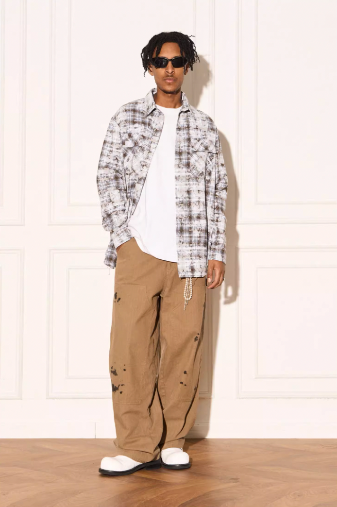 EMPTY REFERENCE Mottled Flame Printed Old Plaid Long Sleeve Shirt