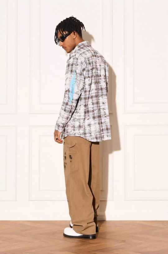 EMPTY REFERENCE Mottled Flame Printed Old Plaid Long Sleeve Shirt