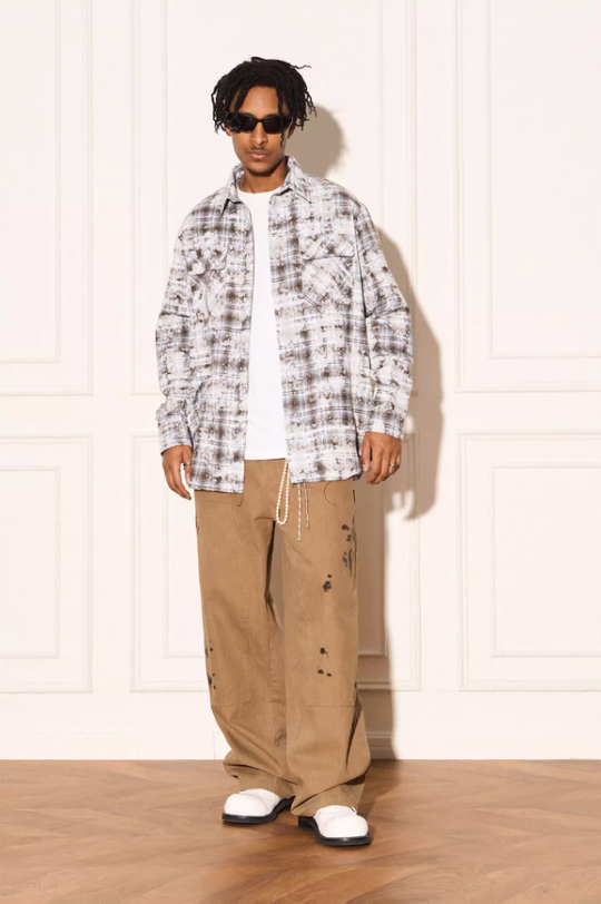 EMPTY REFERENCE Mottled Flame Printed Old Plaid Long Sleeve Shirt