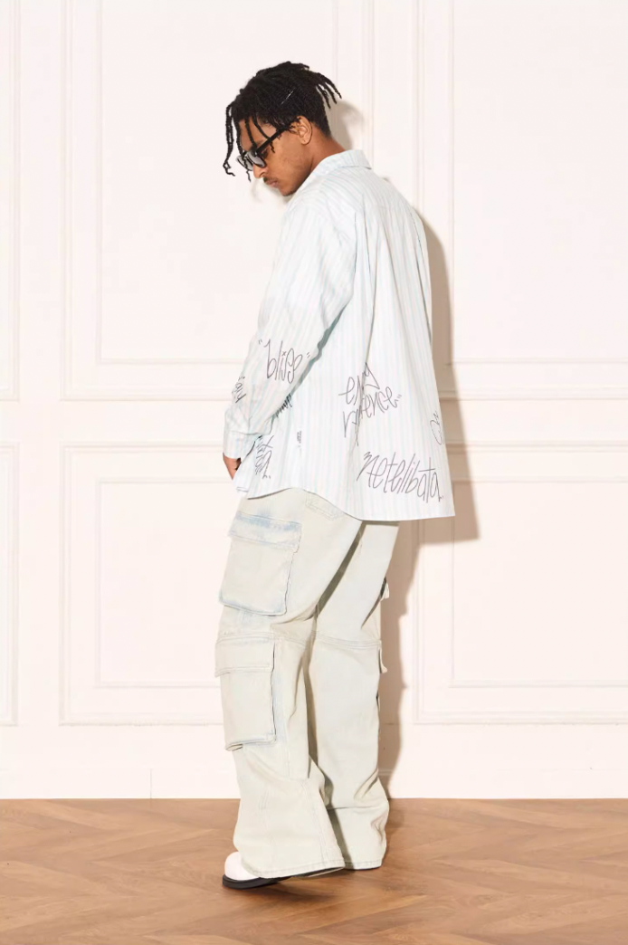 EMPTY REFERENCE Stripe Split Graffiti Printed Letter Long Sleeve Shirt