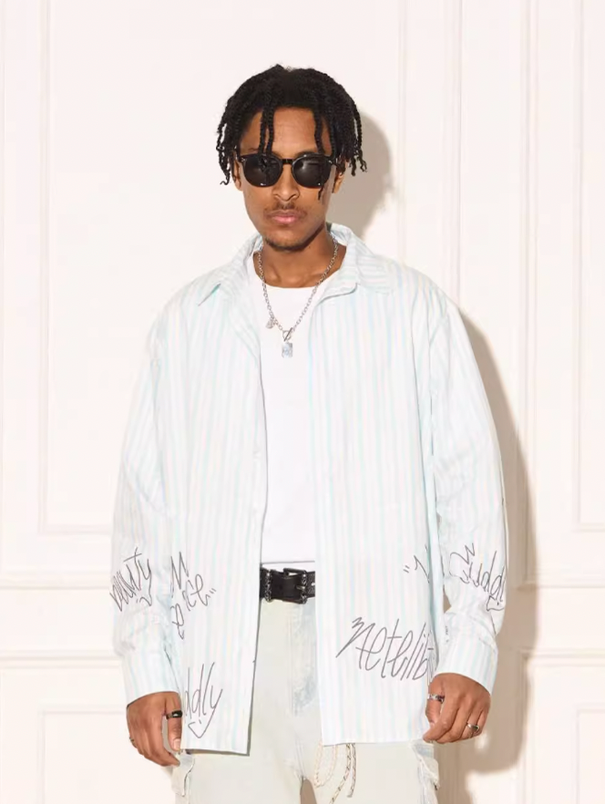 EMPTY REFERENCE Stripe Split Graffiti Printed Letter Long Sleeve Shirt