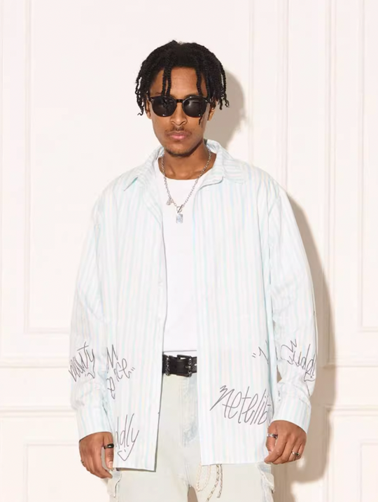 EMPTY REFERENCE Stripe Split Graffiti Printed Letter Long Sleeve Shirt